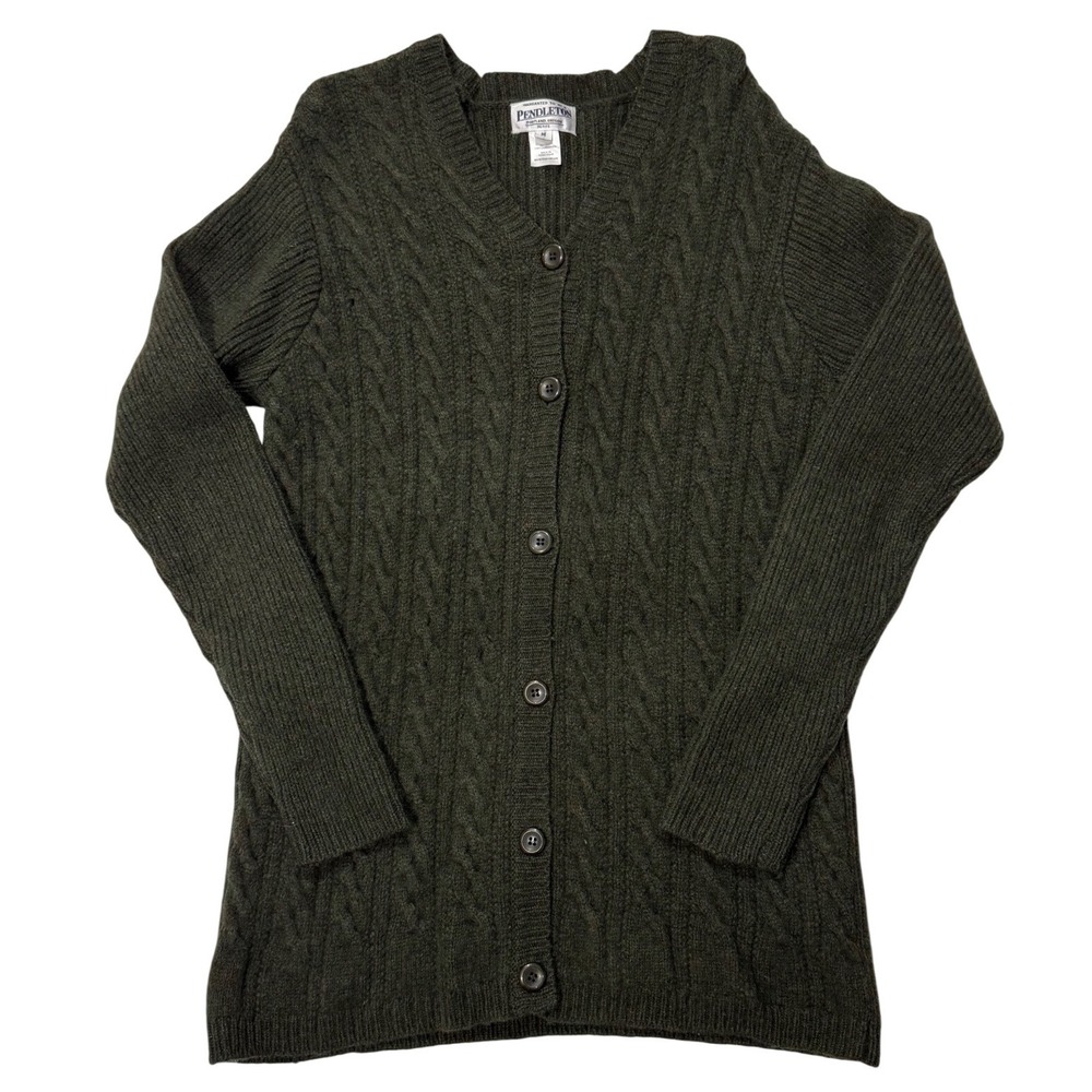 Pendleton Petite Womens Cable‎ Knit Cardigan Sweater Dark Green 100% wool-Medium